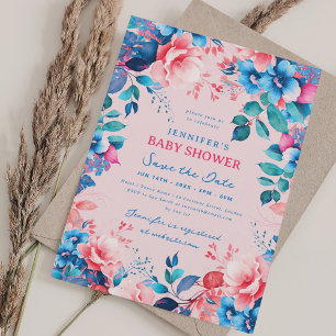 Invitación Flor Bebé Ducha Azul Rosa Guardar Fecha Blusa