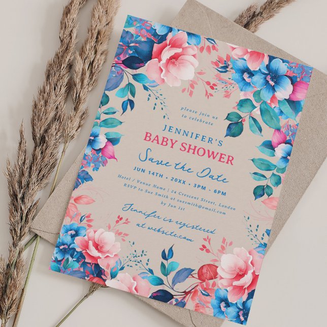 Invitación Flor Bebé Ducha Azul Rosa Save Date Champagne (Floral Baby Shower Blue Pink Save Date Champagne Invitation)