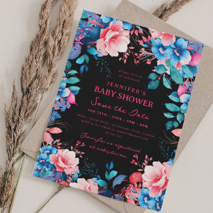 Invitación Flor Bebé Ducha Azul Rosa Save Date Negro
