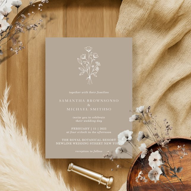 Invitación Flor beige marrón Bouquet Boho Botánicos mínimos (Subido por el creador)