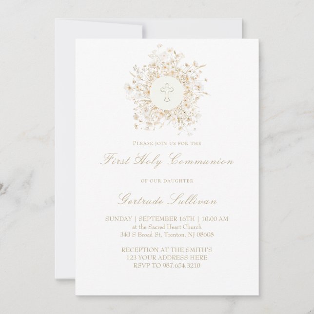 Invitación flor blanca armazón de la Primera Comunión Santa (Anverso)