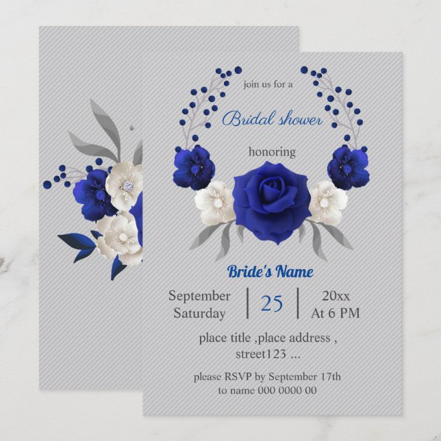 Invitación flor blanca azul real ducha de novia gris (Anverso / Reverso)