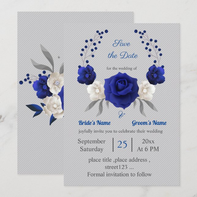 Invitación flor blanca azul real plata salva la fecha (Anverso / Reverso)