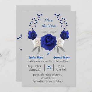 Invitación flor blanca azul real plata salva la fecha