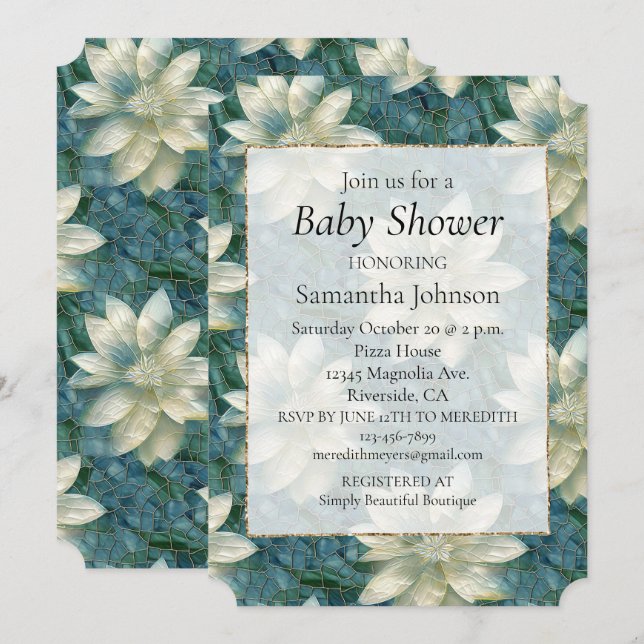 Invitación Flor blanca azul verde azulada (Anverso / Reverso)