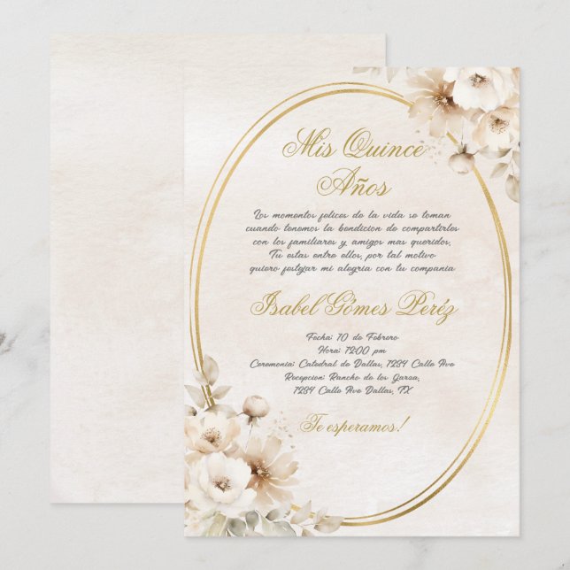 Invitación Flor blanca beige Quinceanera española (Anverso / Reverso)
