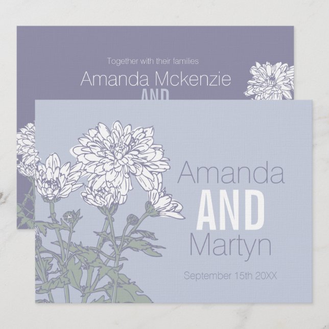 Invitación Flor blanca crisantemo boda sobre boda gris (Anverso / Reverso)