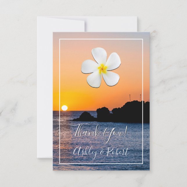 Invitación Flor Blanca De Plumeria, Atardecer Dorado, Gracias (Anverso)