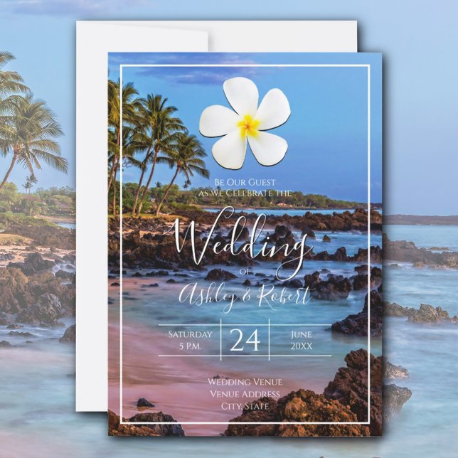 Invitación Flor blanca de Plumeria con playa tropical, Boda (Subido por el creador)