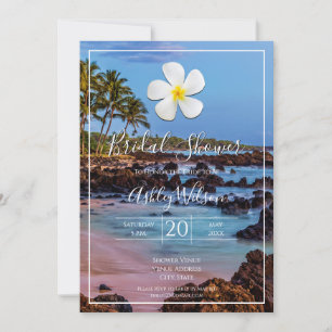 Invitación Flor blanca de Plumeria con playa tropical, novia