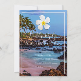 Invitación Flor blanca de Plumeria con playa tropical, RSVP