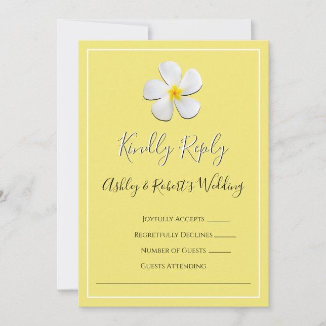 Invitación Flor blanca de Plumeria en amarillo, RSVP (Anverso)