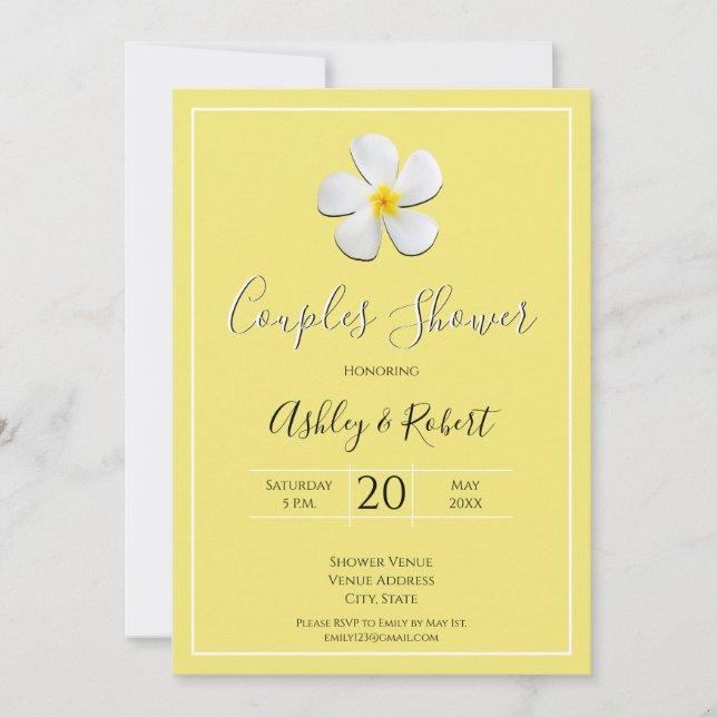 Invitación Flor blanca de Plumeria en ducha amarilla y en par (Anverso)