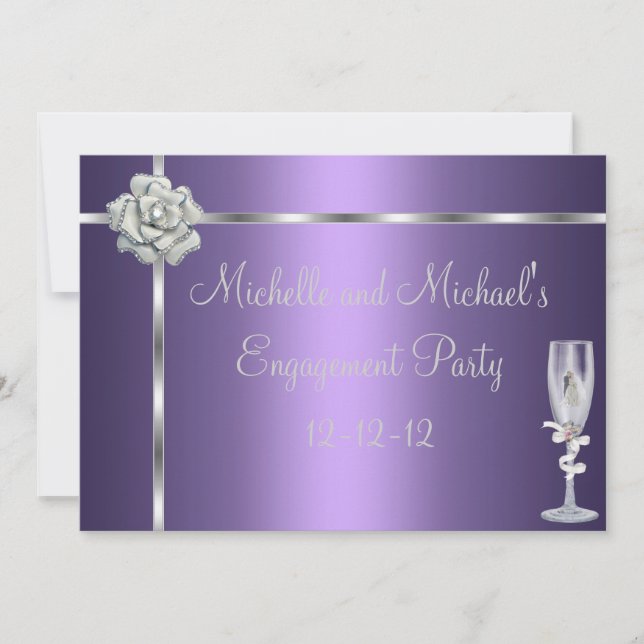 Invitación Flor blanca elegante morada plateada de compromiso (Anverso)