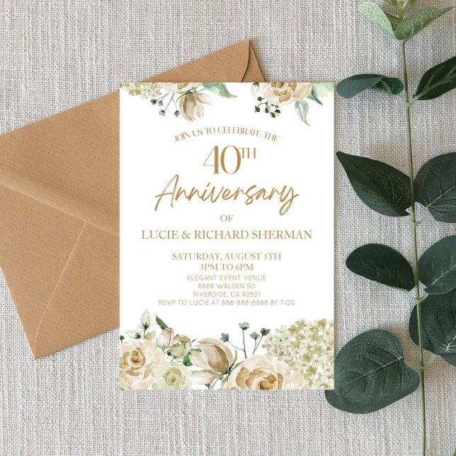 Invitación Flor blanca floral 40° aniversario Boda (Subido por el creador)