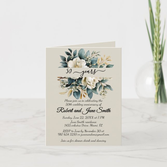 Invitación Flor blanca floreciente 50 años de boda (Anverso)