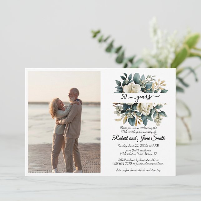 Invitación Flor blanca floreciente 50 años de boda (Anverso de pie)