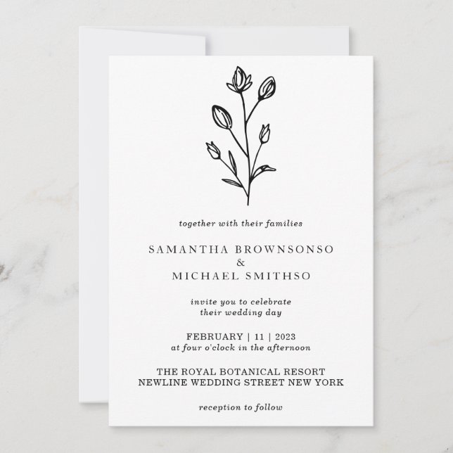 Invitación Flor blanca negra con flores Bouquet Botánico (Anverso)
