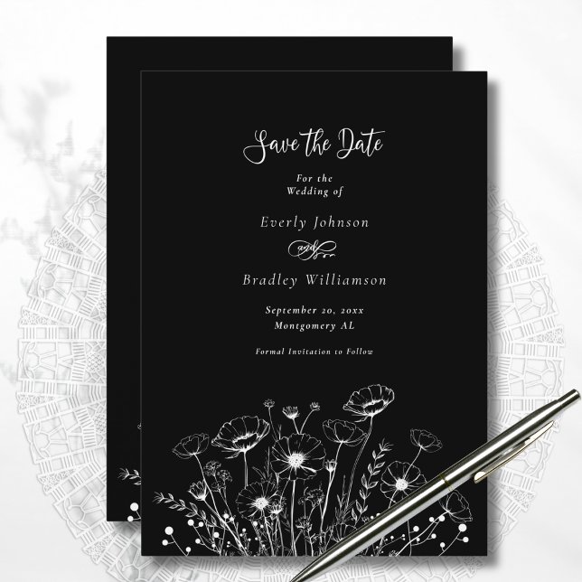 Invitación Flor blanca negra oscura salva al Boda de citas (Subido por el creador)