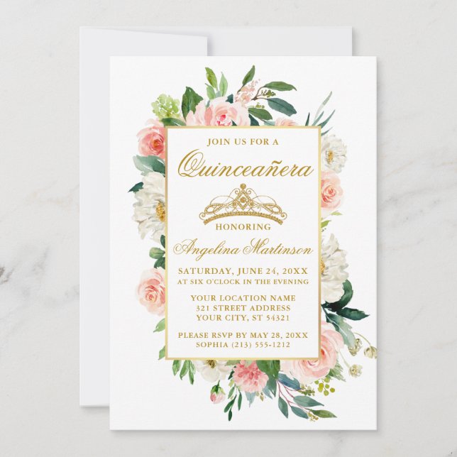 Invitación Flor blanca rosa Quinceanera Gold (Anverso)