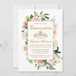 Invitación Flor blanca rosa Quinceanera Gold