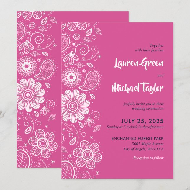 Invitación Flor blanca rosa Swirls Paisley Pattern Floral (Anverso / Reverso)