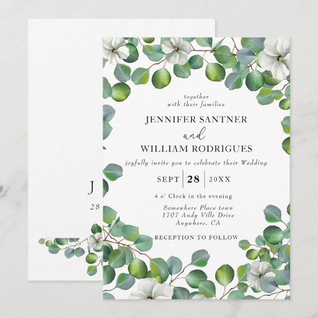 Invitación Flor blanca rusa y Boda de eucalipto (Anverso / Reverso)