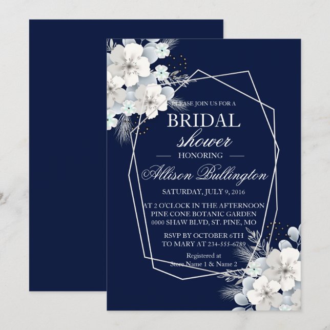Invitación Flor blanca sakura azul marino Bridal Shower (Anverso / Reverso)