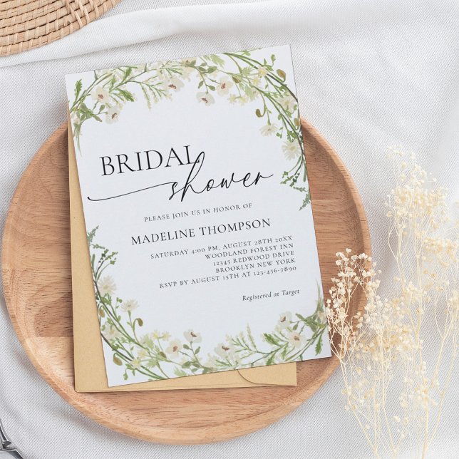 Invitación Flor blanca salvaje Wreath Script Bridal Shower (Subido por el creador)