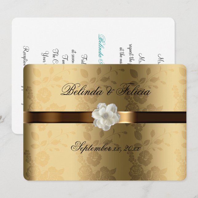 Invitación Flor blanca satinada satinada dorada Damask (Anverso / Reverso)