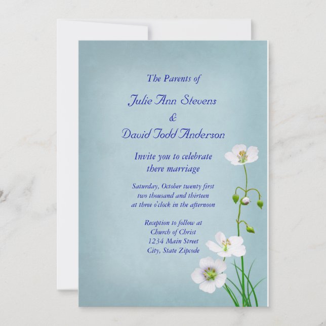 Invitación Flor blanca sobre el Boda azul (Anverso)