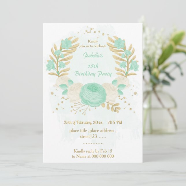 Invitación flor blanca verde menta oro cumpleaños floral (Anverso de pie)