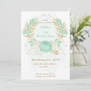 Invitación flor blanca verde menta oro cumpleaños floral