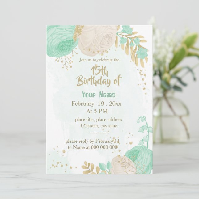 Invitación flor blanca verde menta oro cumpleaños floral (Anverso de pie)