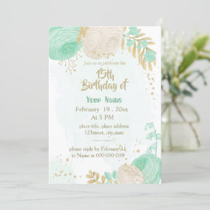 Invitación flor blanca verde menta oro cumpleaños floral