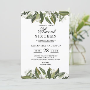 Invitación Flor blanca y hojas verdes a la moda
