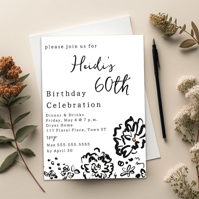 Invitación Flor blanca y negra moderna 60 años (Modern Simple Black and White Flower 60th Birthday Invitation)