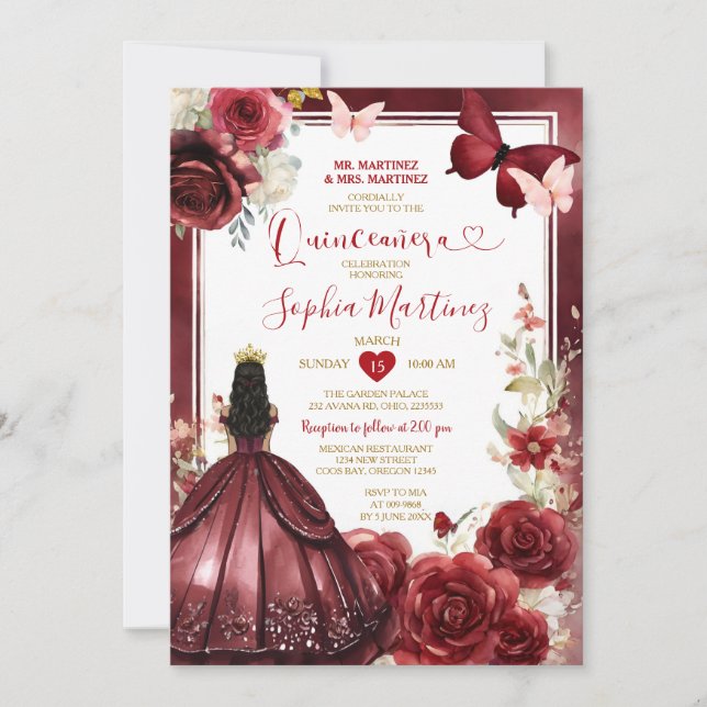 Invitación Flor borgoña Flor Roja Princesa Mariposa Quinceañe (Anverso)
