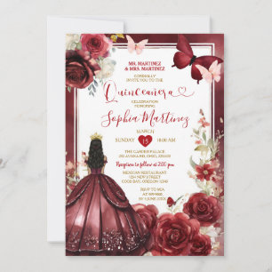 Invitación Flor borgoña Flor Roja Princesa Mariposa Quinceañe
