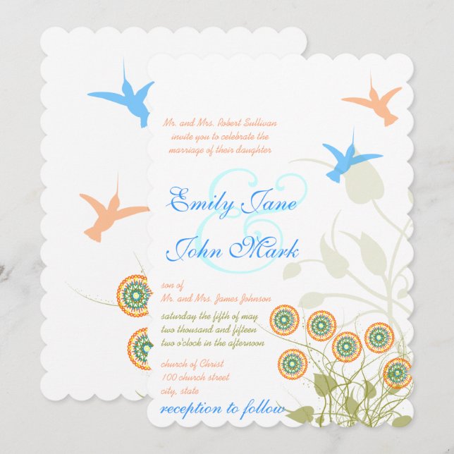 Invitación Flor caprichosa y bodas de pájaro barnizante Invit (Anverso / Reverso)