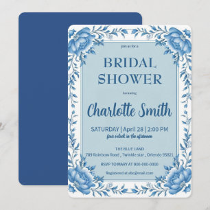Invitación Flor chinoiserie azul simple ducha de novia