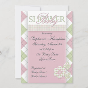 Invitación Flor con tablero de cheques en rosa - Green Baby S