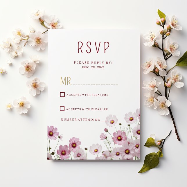 Invitación Flor cosmos de flores rosadas de Rubor RSVP (Blush pink blossom cosmos flower RSVP )