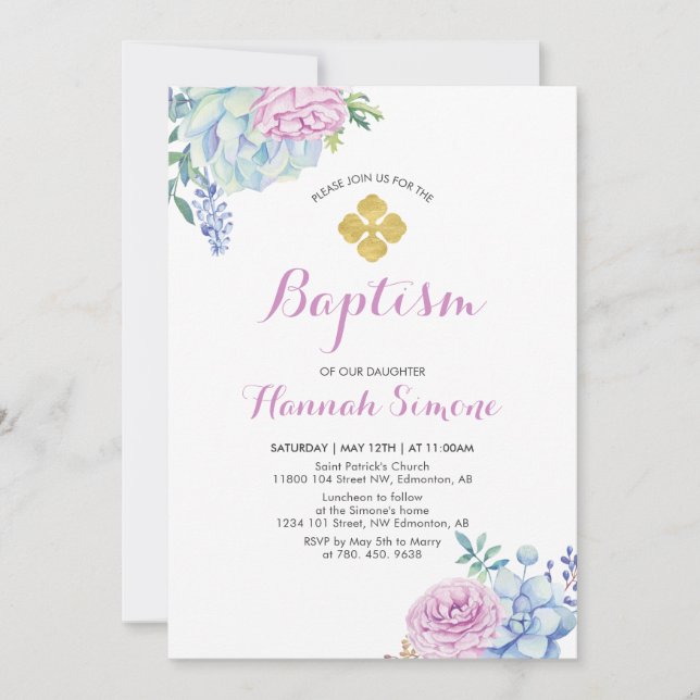 Invitación Flor & Cruz de Oro | Bautizo de Niña (Anverso)