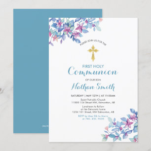 Invitación Flor & Cruz de Oro   Primera Comunión Niño