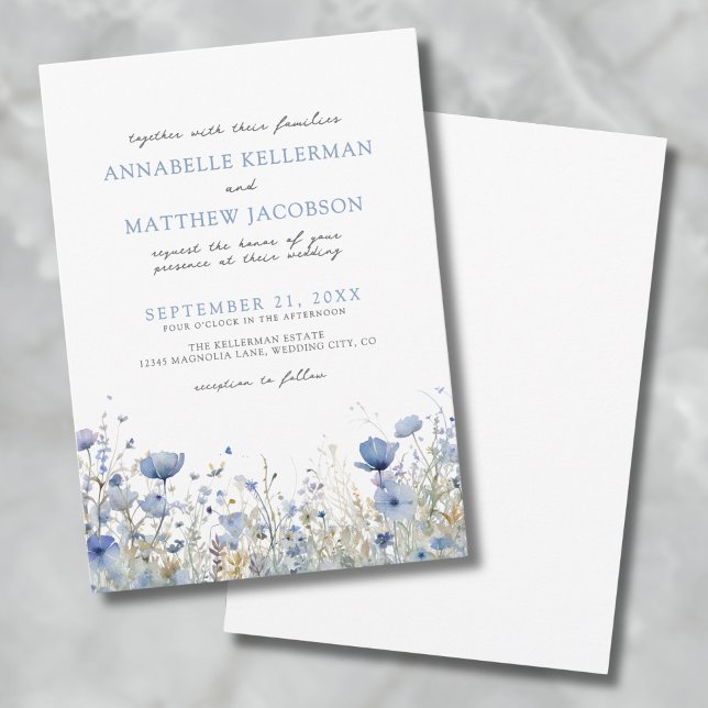 Invitación Flor de Acuarela Azul Floral de Boda (Botanical Wildflower Watercolor Floral Wedding Invitation)