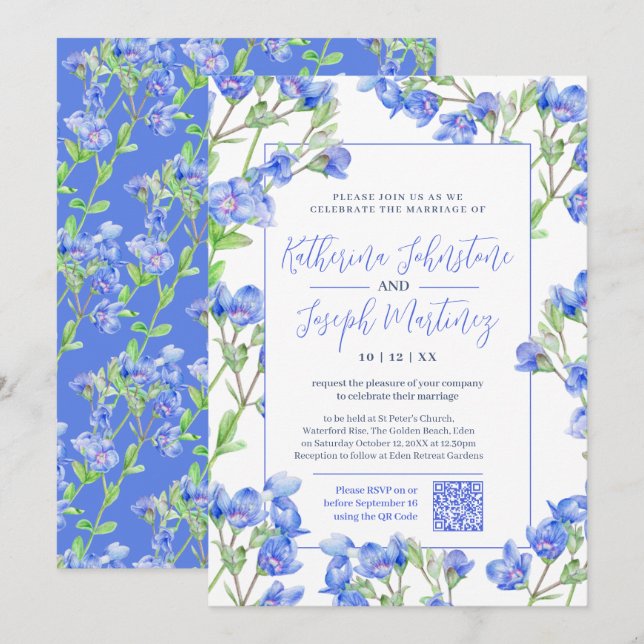 Invitación Flor de acuarela azul Speedwell QR RSVP boda (Anverso / Reverso)