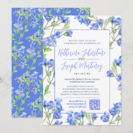 Invitación Flor de acuarela azul Speedwell QR RSVP boda