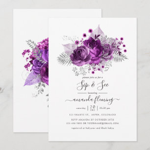Invitación Flor de Acuarela Ciruela y Plata Sip y Ver