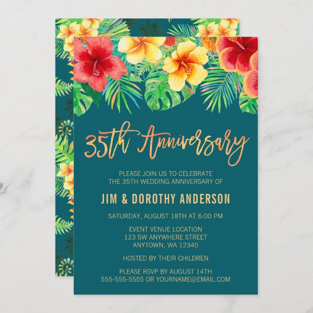 Invitación Flor de Acuarela Tropical 35 Aniversario (Anverso / Reverso)